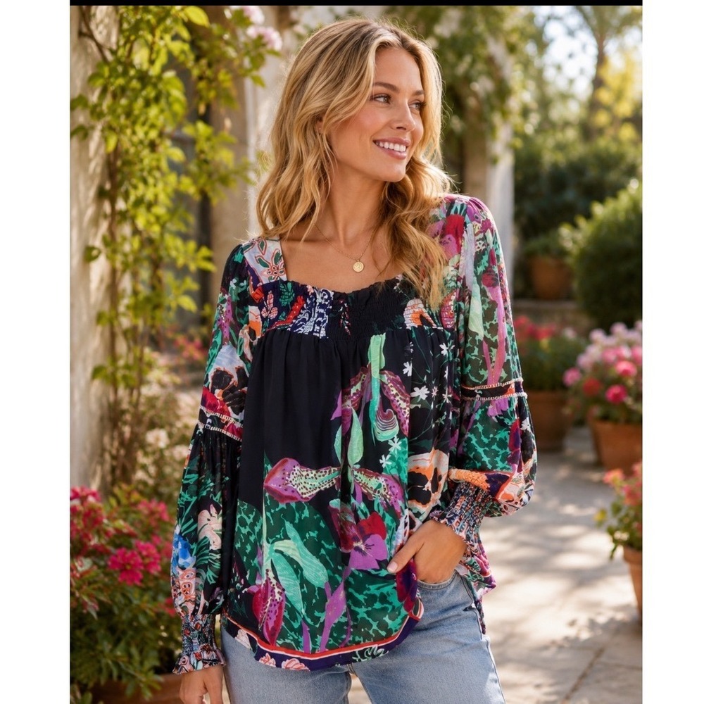 Sire for Anthropologie Sz S Floral Smocked‎ Square Neck Balloon Sleeve Top boho